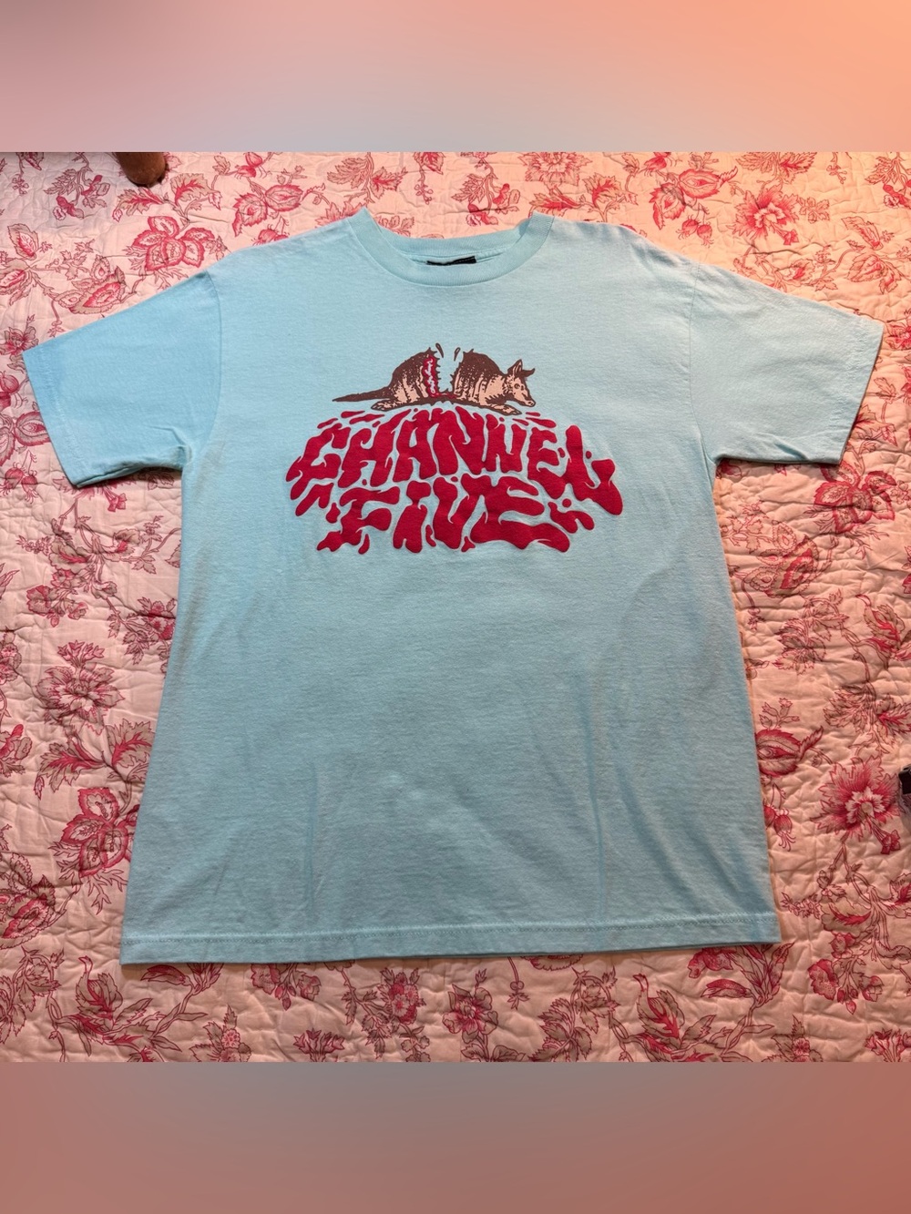 Sweet Channel Five Light Blue Tee with Red Logo and Armadillo Motif